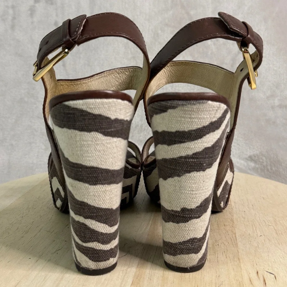 Michael Michael Kors Zebra Print Platform Sandals Brown Leather AB11K Size 8.5M